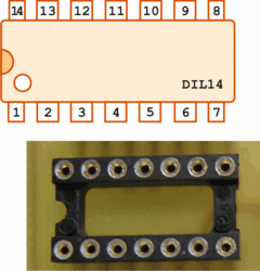 Esquemático y numeración para un DIL14. Debajo, un zócalo para el circuito.